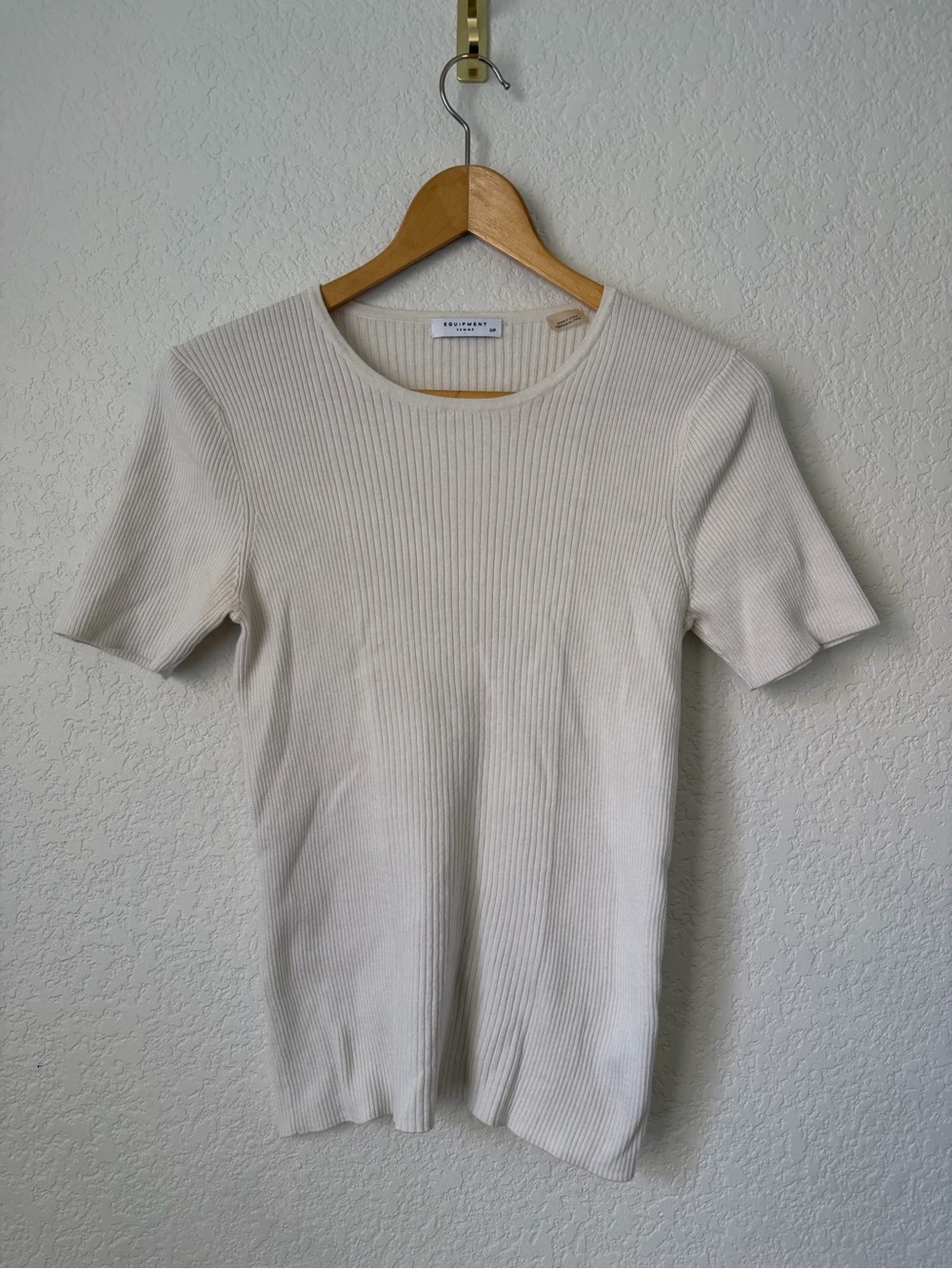Equipment Femme Small Cream Ribbed Basic T Shirt Cotton Silk Cashmere